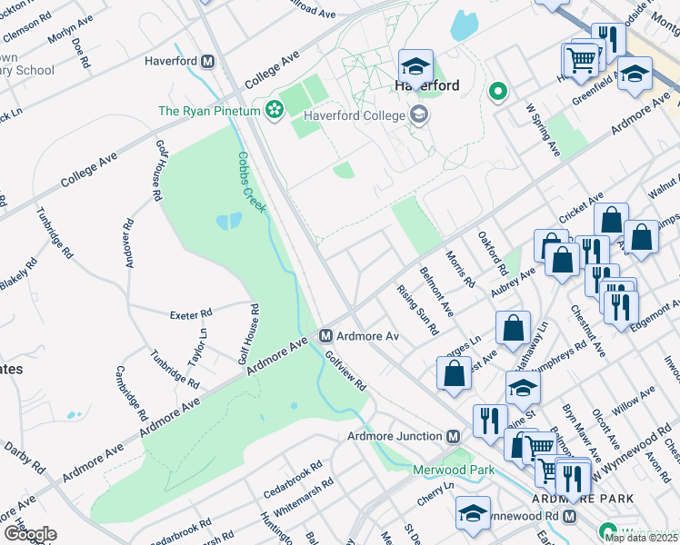 map of restaurants, bars, coffee shops, grocery stores, and more near 39 Haverford Road in Ardmore
