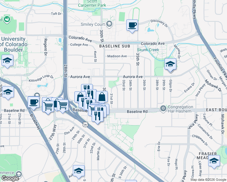 map of restaurants, bars, coffee shops, grocery stores, and more near 780 31st Street in Boulder