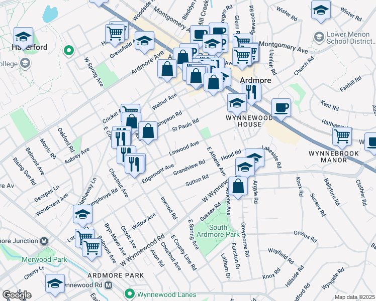 map of restaurants, bars, coffee shops, grocery stores, and more near 111 Linwood Avenue in Ardmore