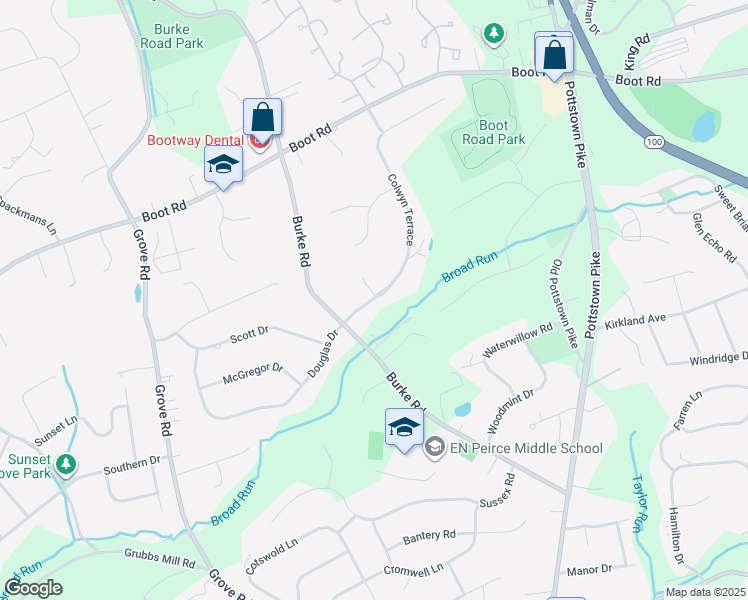map of restaurants, bars, coffee shops, grocery stores, and more near 298 Colwyn Terrace in West Chester