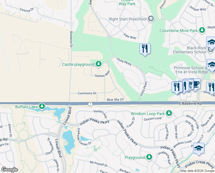 map of restaurants, bars, coffee shops, grocery stores, and more near 2955 Blue sky Circle in Erie