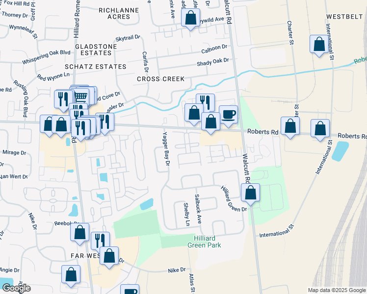 map of restaurants, bars, coffee shops, grocery stores, and more near 2386 Hilliard Park Boulevard in Hilliard