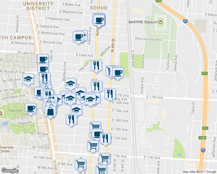 map of restaurants, bars, coffee shops, grocery stores, and more near 1899 North 4th Street in Columbus