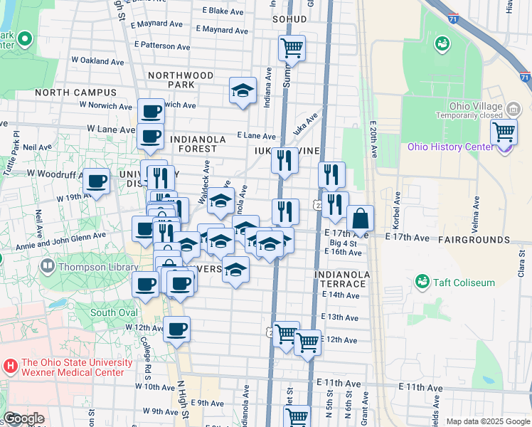 map of restaurants, bars, coffee shops, grocery stores, and more near 244 East 17th Avenue in Columbus