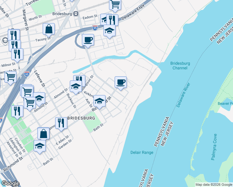 map of restaurants, bars, coffee shops, grocery stores, and more near in Philadelphia