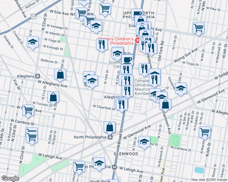 map of restaurants, bars, coffee shops, grocery stores, and more near 1511 West Allegheny Avenue in Philadelphia