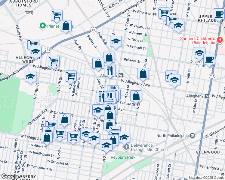 map of restaurants, bars, coffee shops, grocery stores, and more near 3119 North Croskey Street in Philadelphia