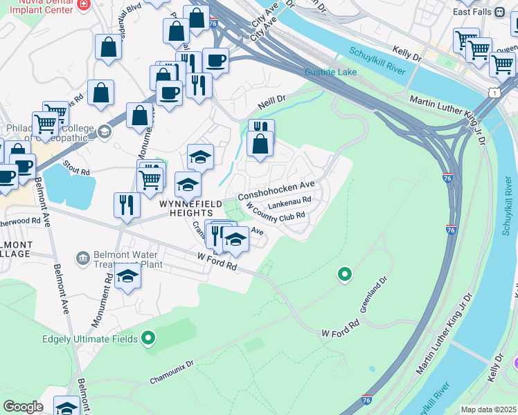map of restaurants, bars, coffee shops, grocery stores, and more near 2721 West Country Club Road in Philadelphia