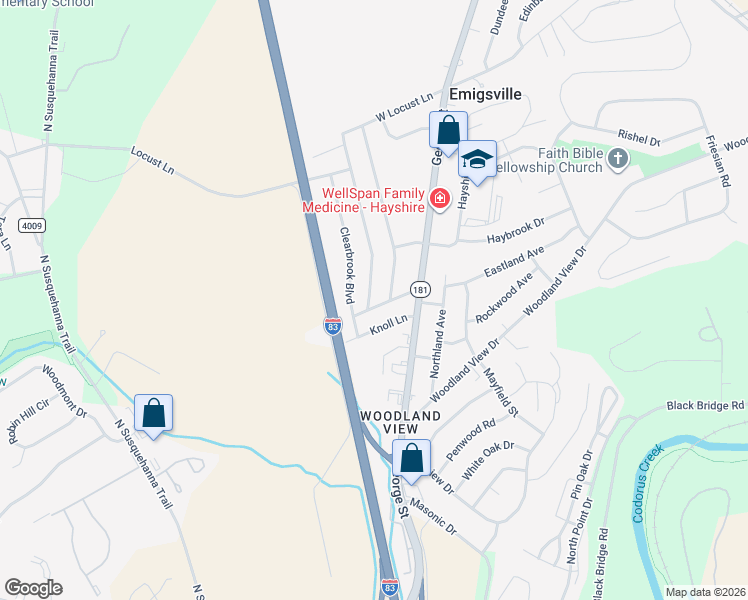 map of restaurants, bars, coffee shops, grocery stores, and more near 2609 Meadowbrook Boulevard in York