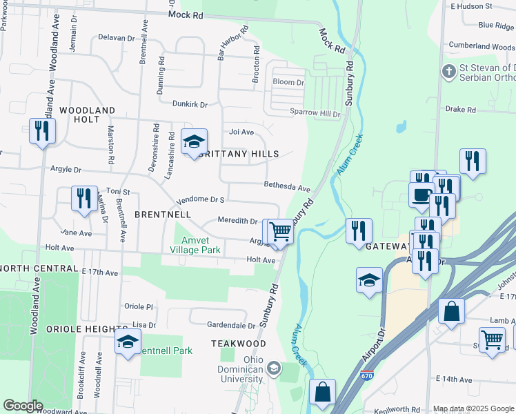 map of restaurants, bars, coffee shops, grocery stores, and more near 2477 Vendome Drive South in Columbus