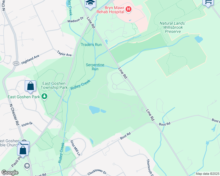 map of restaurants, bars, coffee shops, grocery stores, and more near 341 Applebrook Drive in Malvern