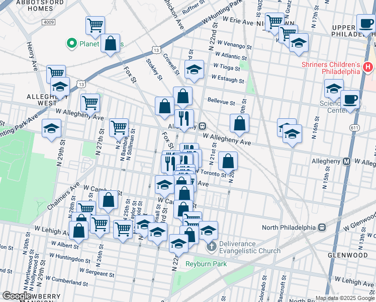 map of restaurants, bars, coffee shops, grocery stores, and more near 3119 North Croskey Street in Philadelphia