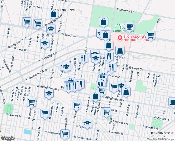 map of restaurants, bars, coffee shops, grocery stores, and more near 187 West Ontario Street in Philadelphia