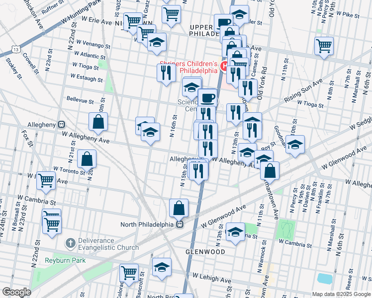 map of restaurants, bars, coffee shops, grocery stores, and more near 1501 West Allegheny Avenue in Philadelphia