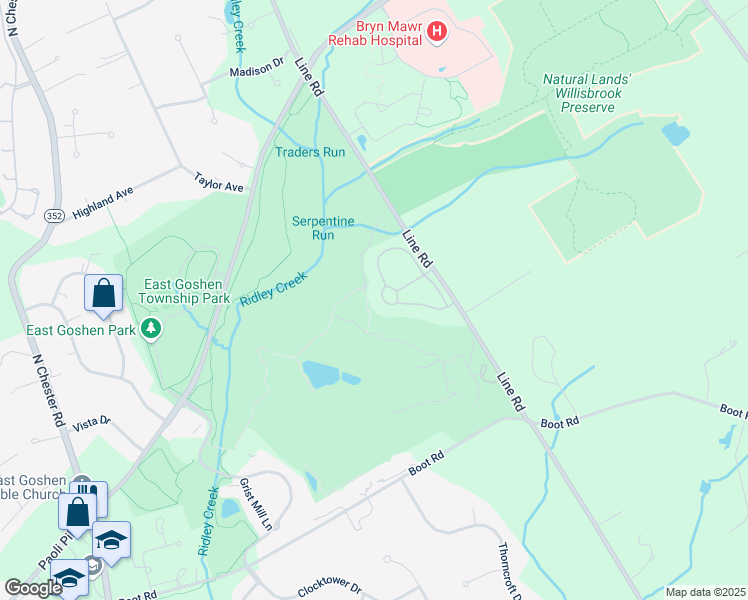 map of restaurants, bars, coffee shops, grocery stores, and more near 341 Applebrook Drive in Malvern