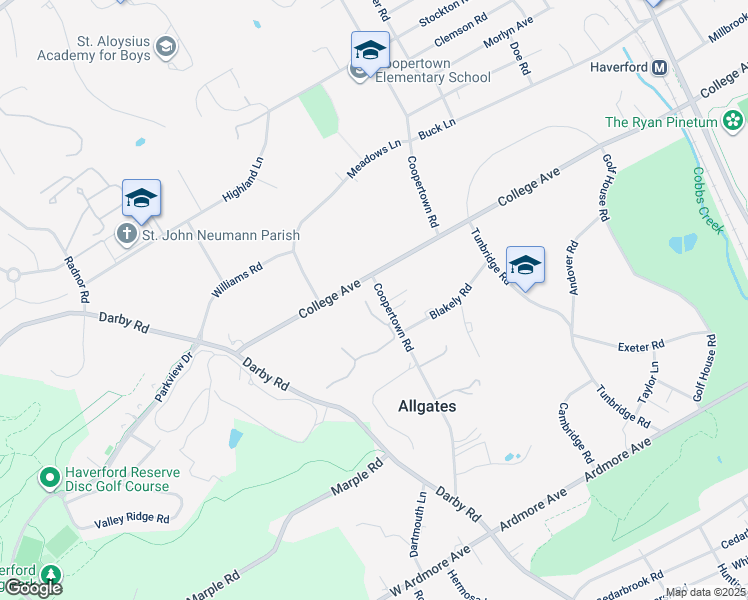 map of restaurants, bars, coffee shops, grocery stores, and more near 21 Caenarvon Lane in Haverford