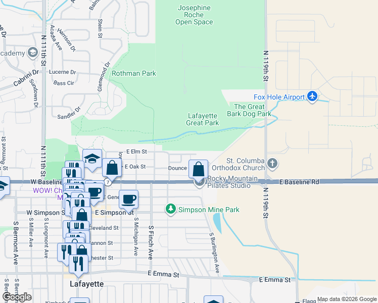 map of restaurants, bars, coffee shops, grocery stores, and more near 803 Excelsior Place in Lafayette