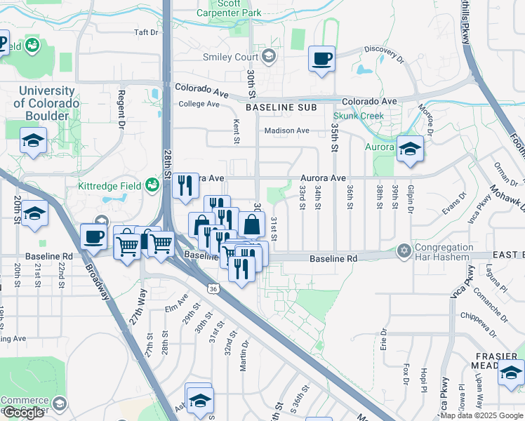 map of restaurants, bars, coffee shops, grocery stores, and more near 775 30th Street in Boulder