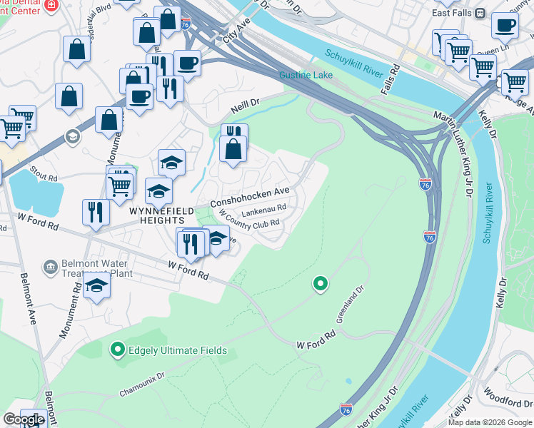 map of restaurants, bars, coffee shops, grocery stores, and more near 3751 West Country Club Road in Philadelphia
