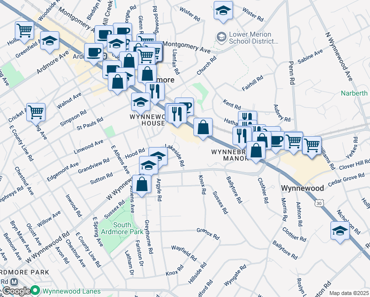 map of restaurants, bars, coffee shops, grocery stores, and more near 383 Lakeside Road in Ardmore