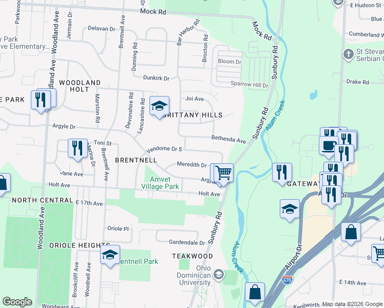 map of restaurants, bars, coffee shops, grocery stores, and more near 2416 Meredith Drive in Columbus