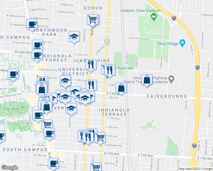 map of restaurants, bars, coffee shops, grocery stores, and more near in Columbus