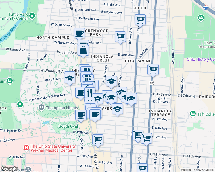 map of restaurants, bars, coffee shops, grocery stores, and more near in Columbus