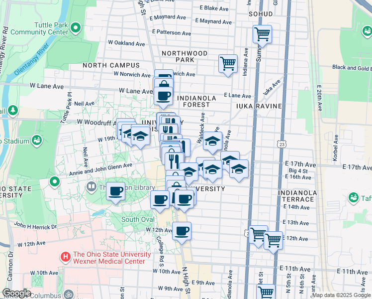 map of restaurants, bars, coffee shops, grocery stores, and more near 51 East 17th Avenue in Columbus