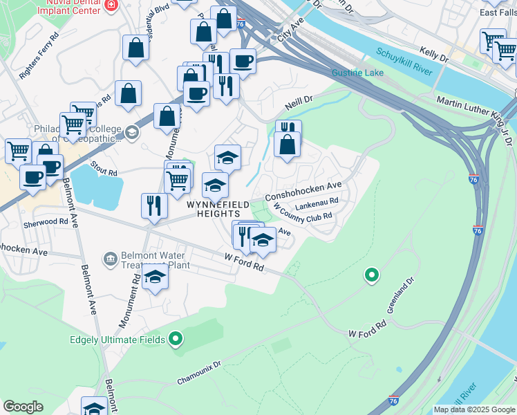 map of restaurants, bars, coffee shops, grocery stores, and more near 3910 Conshohocken Avenue in Philadelphia
