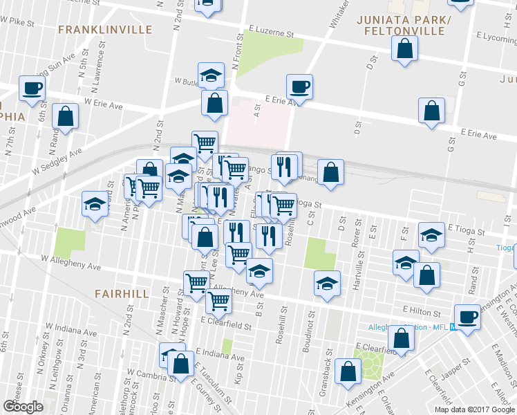 map of restaurants, bars, coffee shops, grocery stores, and more near 3441 Ella Street in Philadelphia
