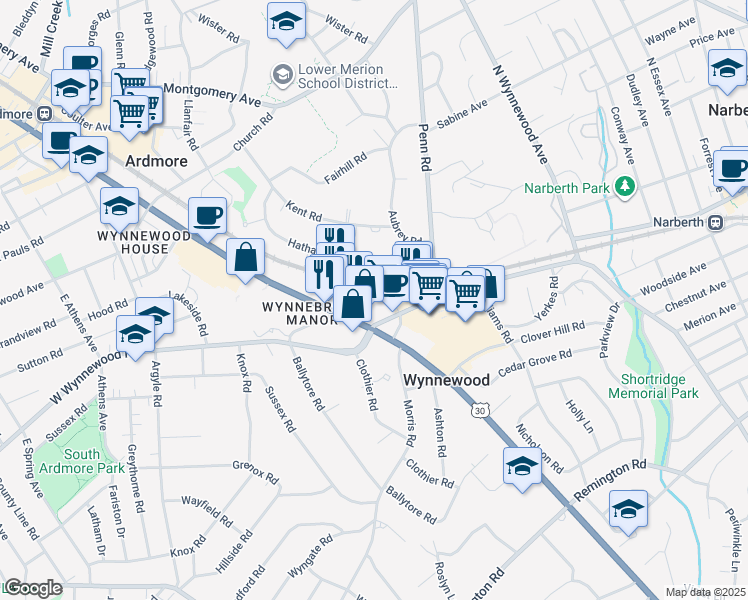 map of restaurants, bars, coffee shops, grocery stores, and more near 23 Hampstead Circle in Wynnewood