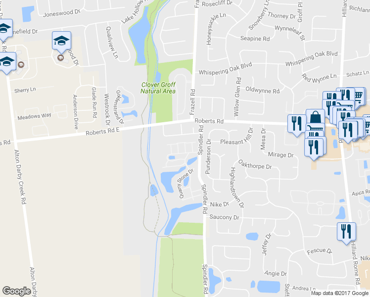 map of restaurants, bars, coffee shops, grocery stores, and more near 2643 Homebridge Drive in Hilliard