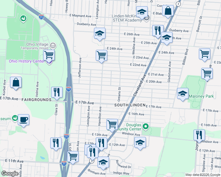 map of restaurants, bars, coffee shops, grocery stores, and more near 1101 East 19th Avenue in Columbus