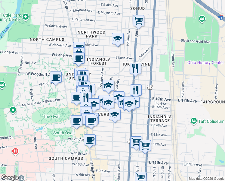 map of restaurants, bars, coffee shops, grocery stores, and more near 1911 Indianola Avenue in Columbus