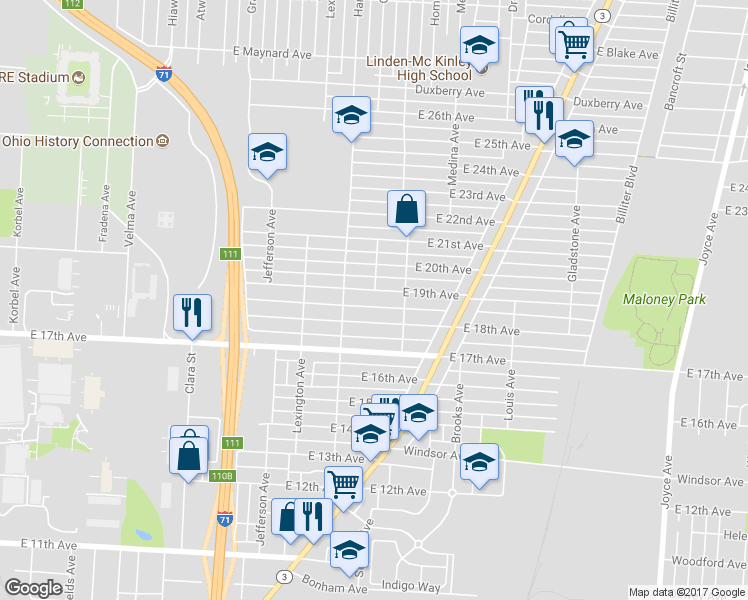 map of restaurants, bars, coffee shops, grocery stores, and more near 1101 East 19th Avenue in Columbus