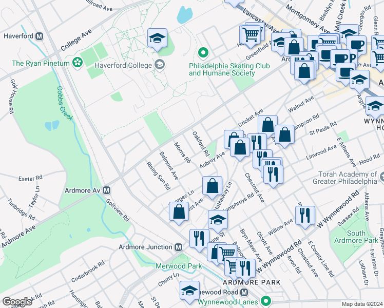 map of restaurants, bars, coffee shops, grocery stores, and more near 2920 Berkley Road in Ardmore