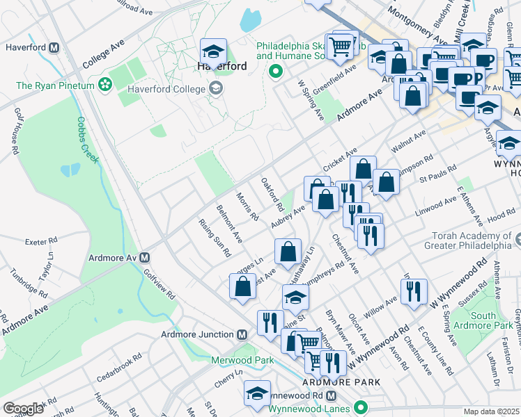 map of restaurants, bars, coffee shops, grocery stores, and more near 2920 Berkley Road in Ardmore