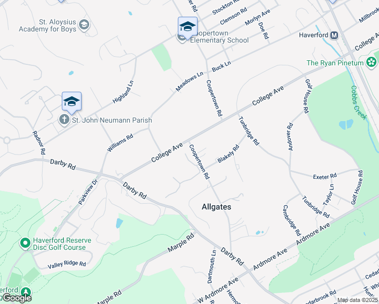 map of restaurants, bars, coffee shops, grocery stores, and more near 21 Caenarvon Lane in Haverford