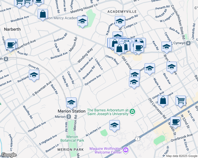 map of restaurants, bars, coffee shops, grocery stores, and more near 314 Sycamore Avenue in Merion Station
