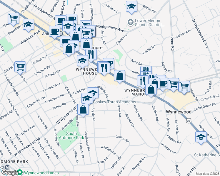 map of restaurants, bars, coffee shops, grocery stores, and more near 383 Lakeside Road in Ardmore