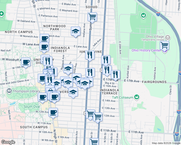 map of restaurants, bars, coffee shops, grocery stores, and more near 291 East 18th Avenue in Columbus