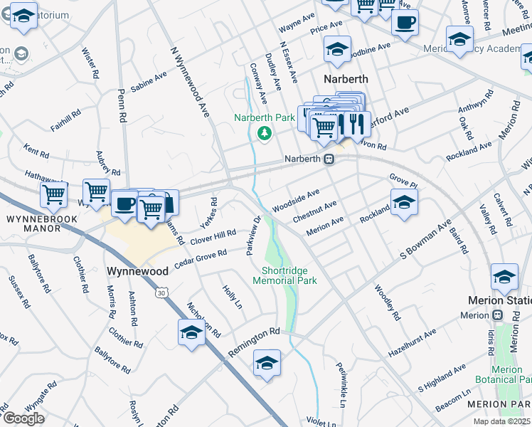 map of restaurants, bars, coffee shops, grocery stores, and more near 253 Wynnewood Road in Wynnewood