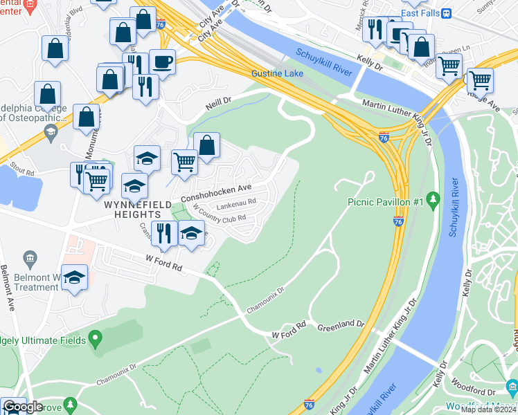 map of restaurants, bars, coffee shops, grocery stores, and more near 2704 E Country Club Rd in Philadelphia