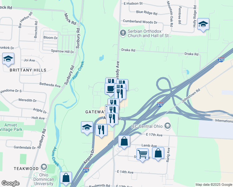 map of restaurants, bars, coffee shops, grocery stores, and more near 1600 Ackley Place in Columbus