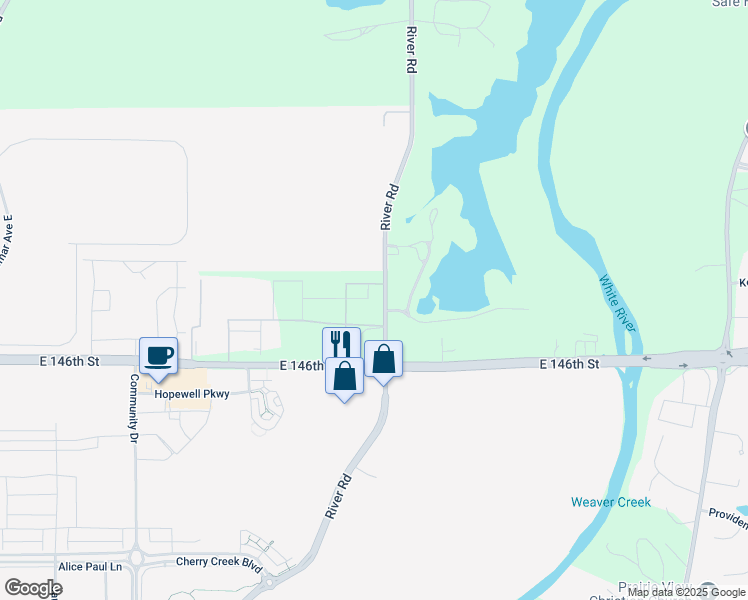 map of restaurants, bars, coffee shops, grocery stores, and more near 14675 River Road in Noblesville