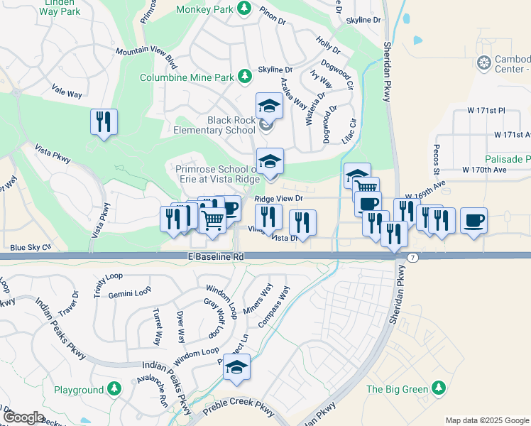 map of restaurants, bars, coffee shops, grocery stores, and more near 2808 Ridge View Drive in Erie