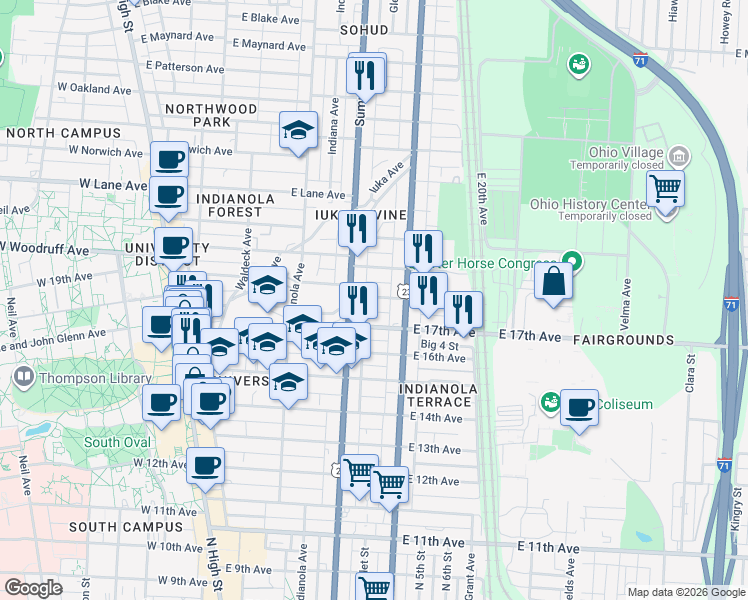 map of restaurants, bars, coffee shops, grocery stores, and more near 311 East 18th Avenue in Columbus
