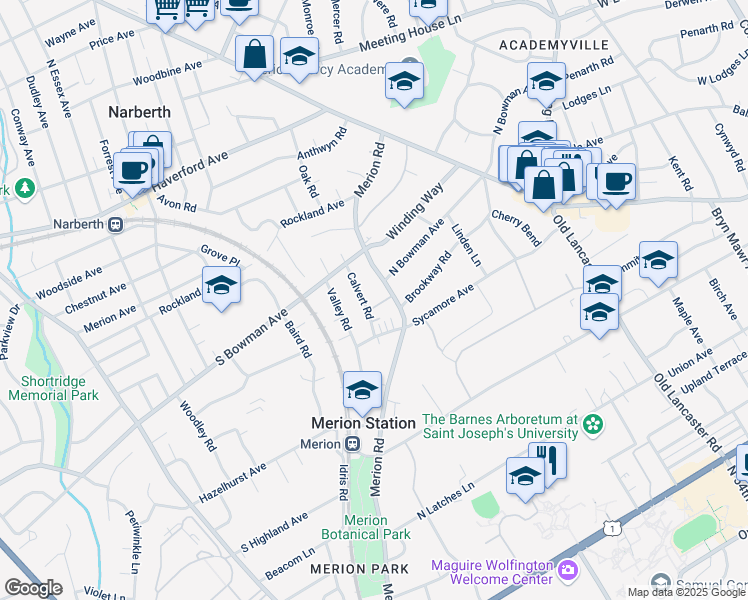 map of restaurants, bars, coffee shops, grocery stores, and more near 421 Brookway Road in Merion Station