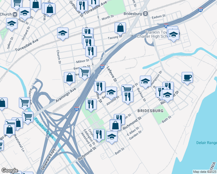 map of restaurants, bars, coffee shops, grocery stores, and more near 2500 Wilmot Street in Philadelphia