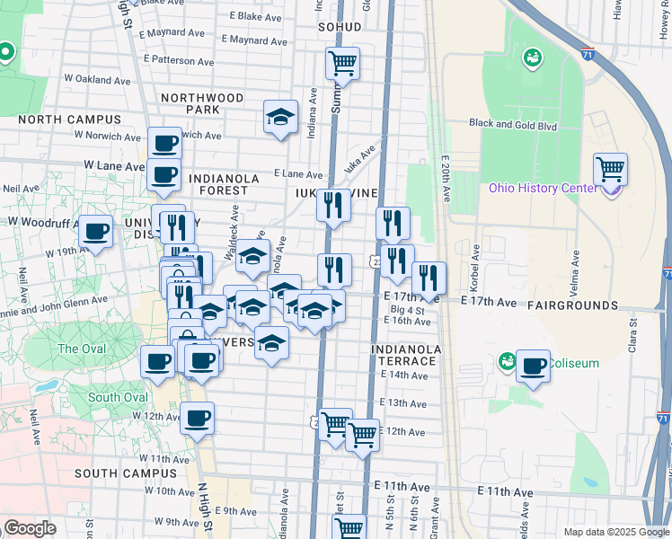 map of restaurants, bars, coffee shops, grocery stores, and more near 289 East 18th Avenue in Columbus